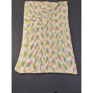 Handmade Crochet Baby Blanket Pastel Rainbow Stripe Multi Color Afghan 26x42